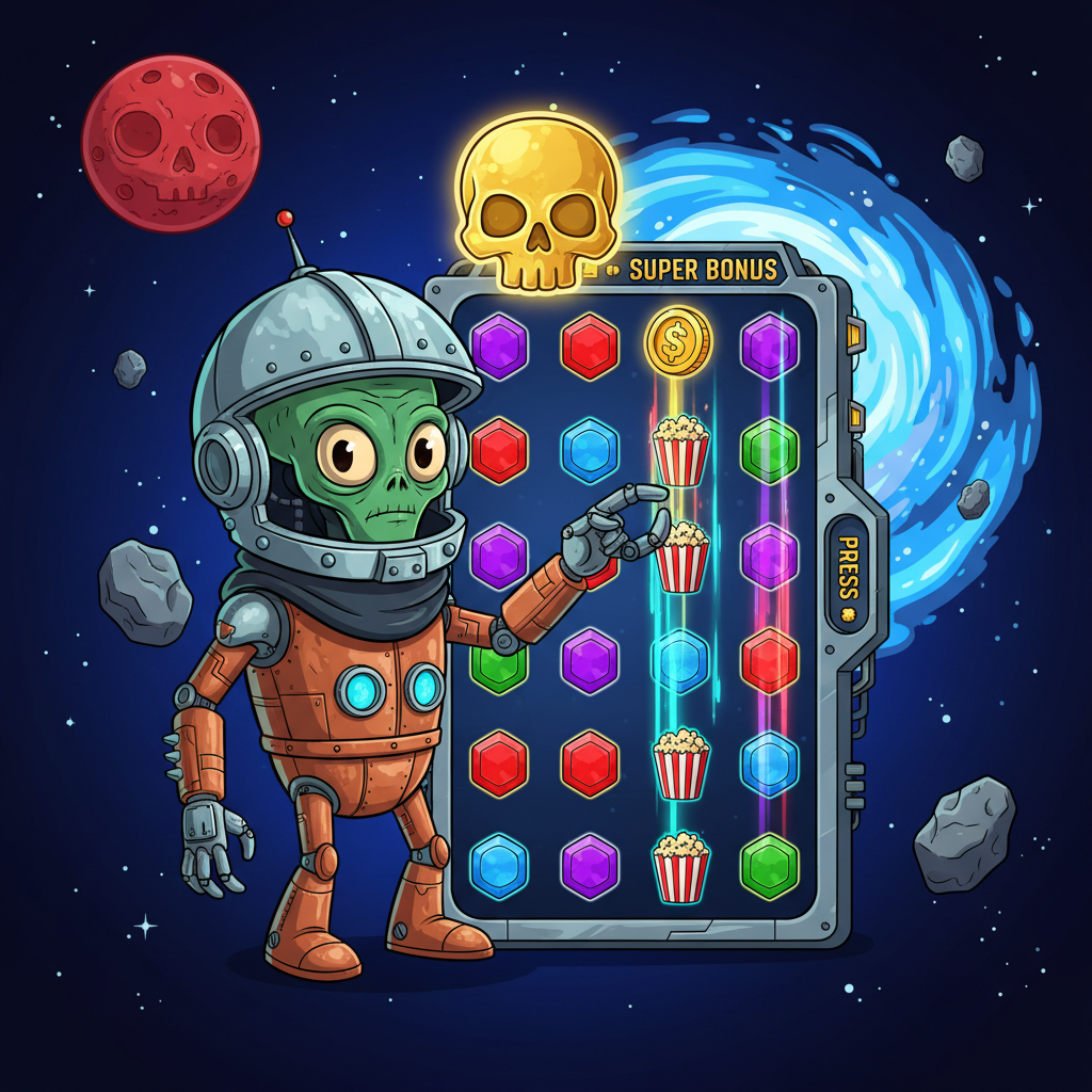 Pirots 4 Alien Invasion Feature mit dem Space Bandit – Alien-Charakter im Helm sammelt spaltenweise Symbole und löst Space Duels aus