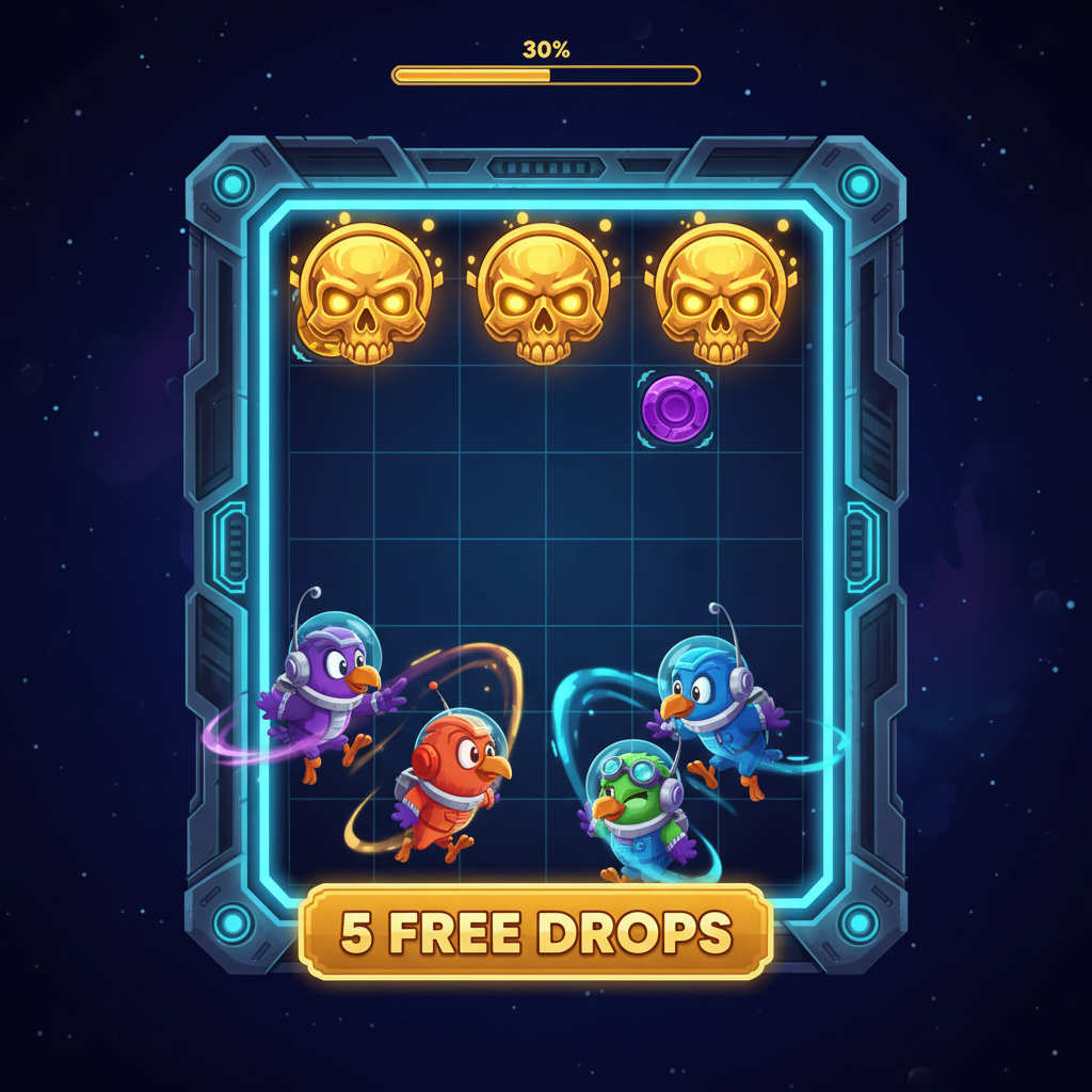 Pirots 4 Bonusspiel-Aktivierung mit drei goldenen Totenkopf-Bonussymbolen und fünf Freispielen auf dem Spielfeld