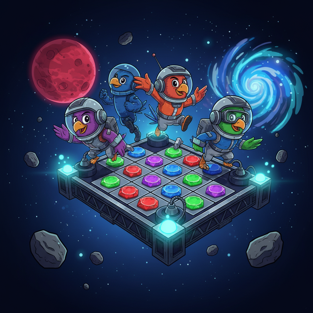 Pirots 4 Hauptspielbildschirm mit 6x6 Gitter, vier Sammelvögeln in Raumanzügen und Edelsteinsymbolen auf der Weltraum-Raumstation