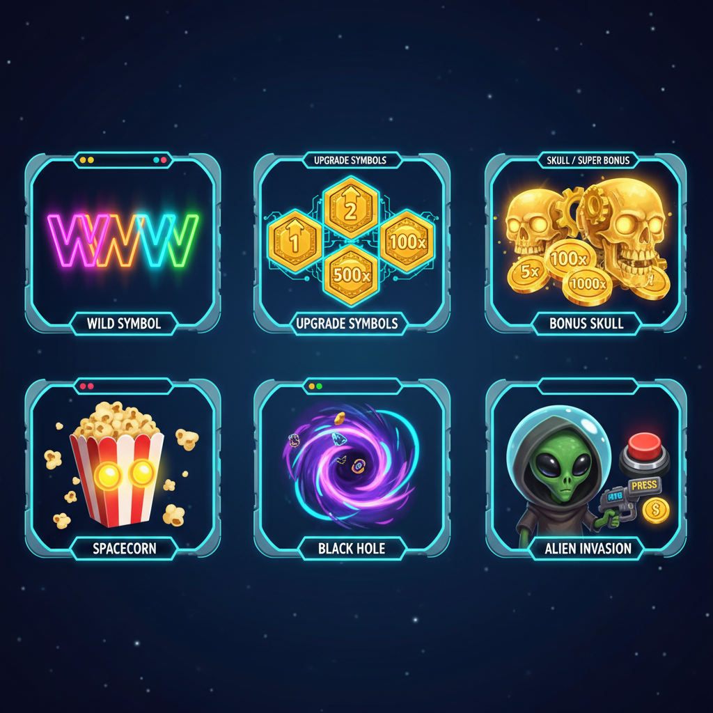 Pirots 4 Spezialsymbole-Übersicht: Wild-Symbol, Upgrade-Symbol, Münzen, Bonus-Totenkopf, Super-Bonus, Spacecorn, Black Hole und Alien Invasion