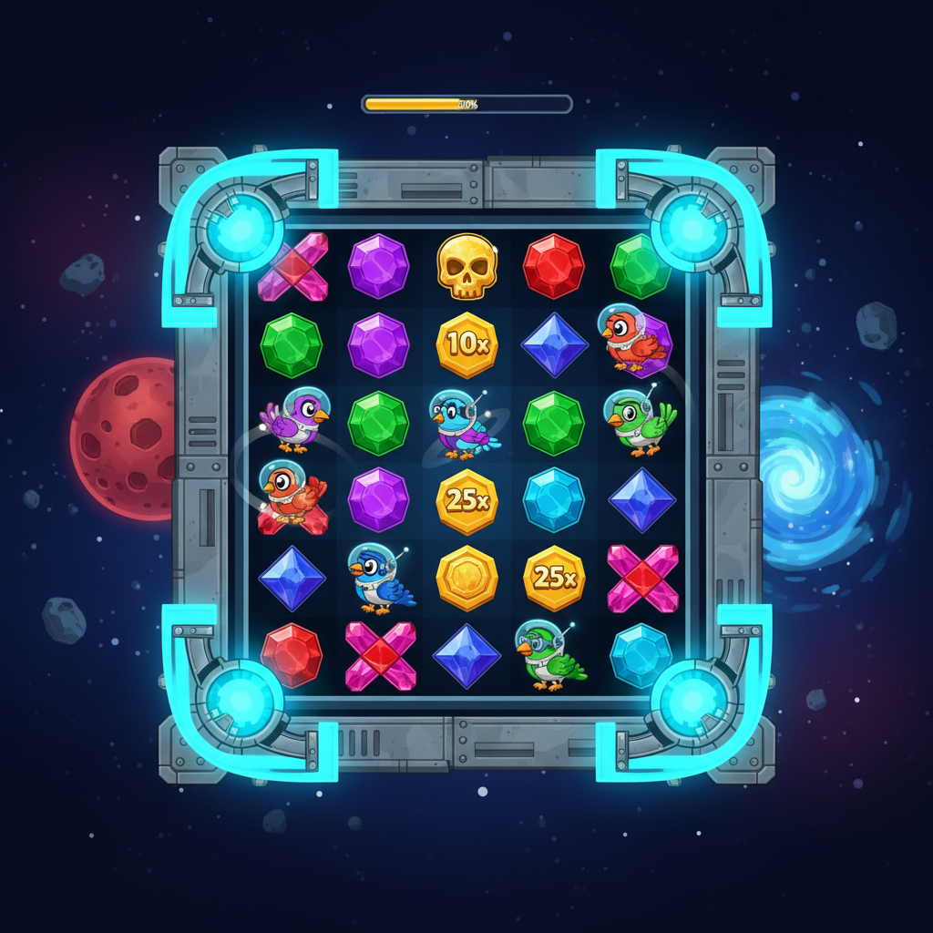 Pirots 4 Spielfeld-Erweiterung von 6x6 auf 8x8 Gitter durch Eckbomben-Detonation mit Weltraum-Portalen in den Ecken