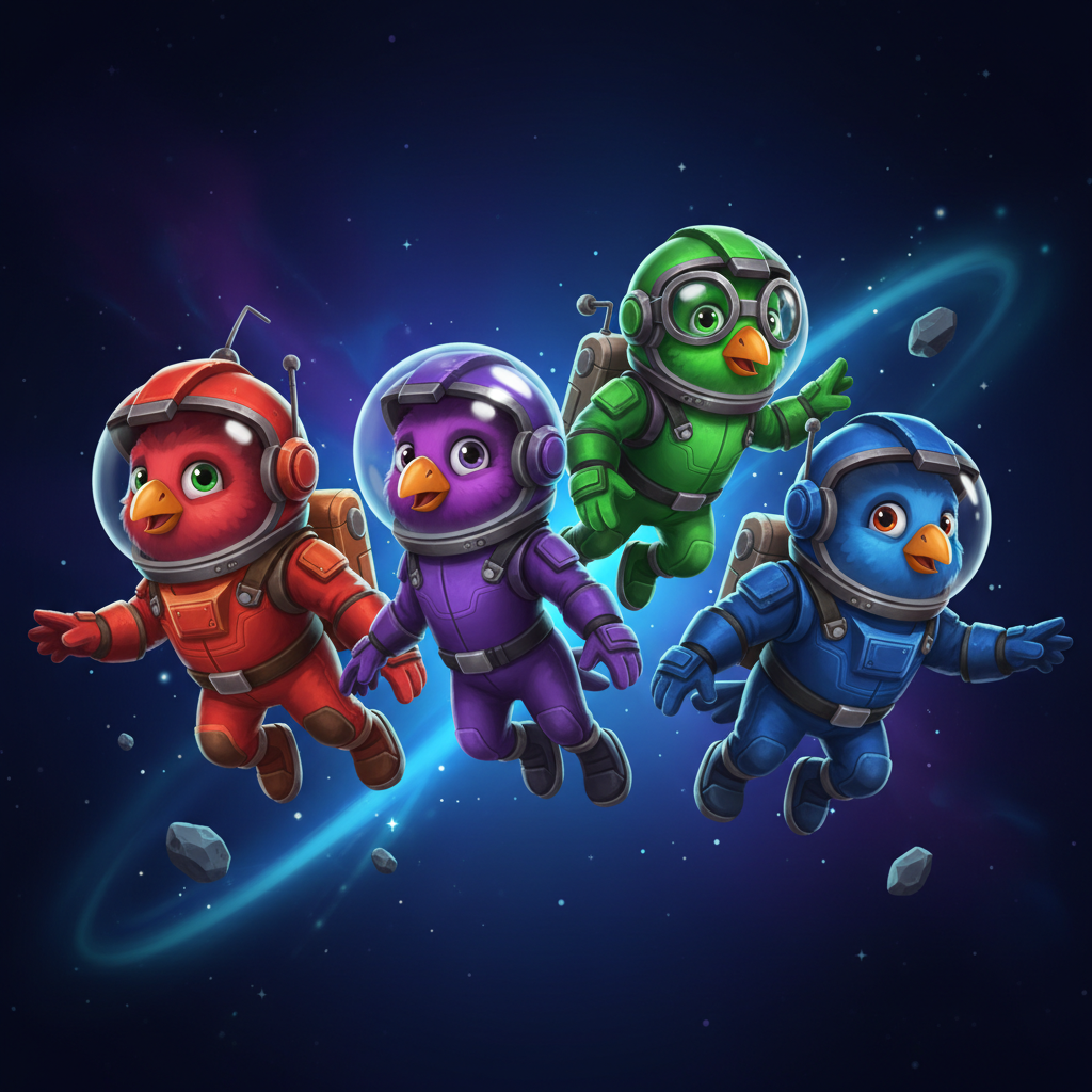 Die vier Pirots 4 Sammelvögel in Raumanzügen: roter Vogel mit Antenne, lila Vogel, grüner Vogel mit Schutzbrille und blauer Vogel